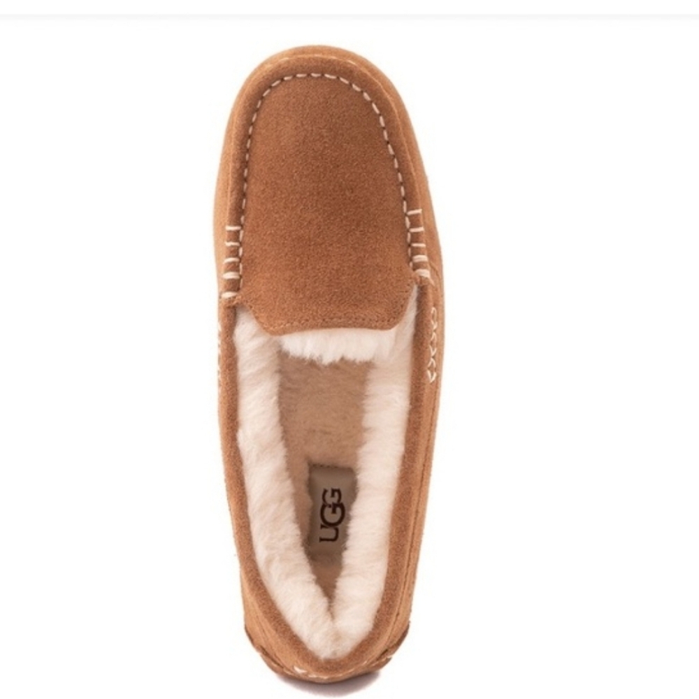 UGG Ansley Water Resistant Suede Wool Lined Moccasin Slippers Sz8 Chestnut